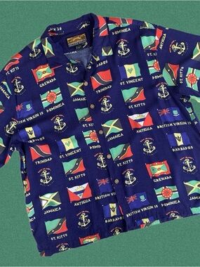 Vintage Pusser's Island Wear button-down shirt Navy Blue Caribbean flags Print L